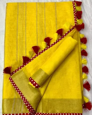 Yellow Pure Linen Saree With Zari Border