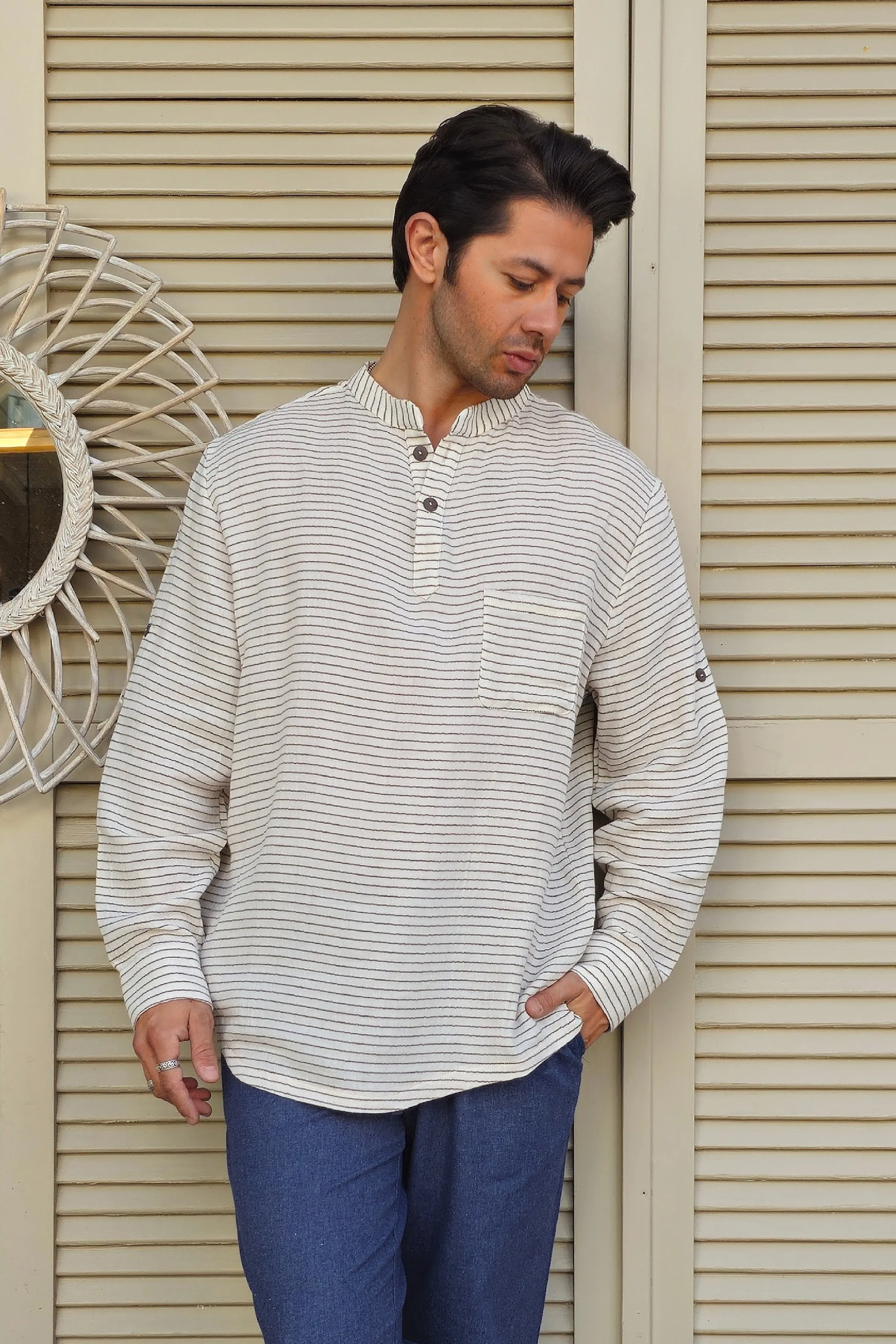 ZEUS STRIPES Organic Double Gauze Shirt (Light Cream)