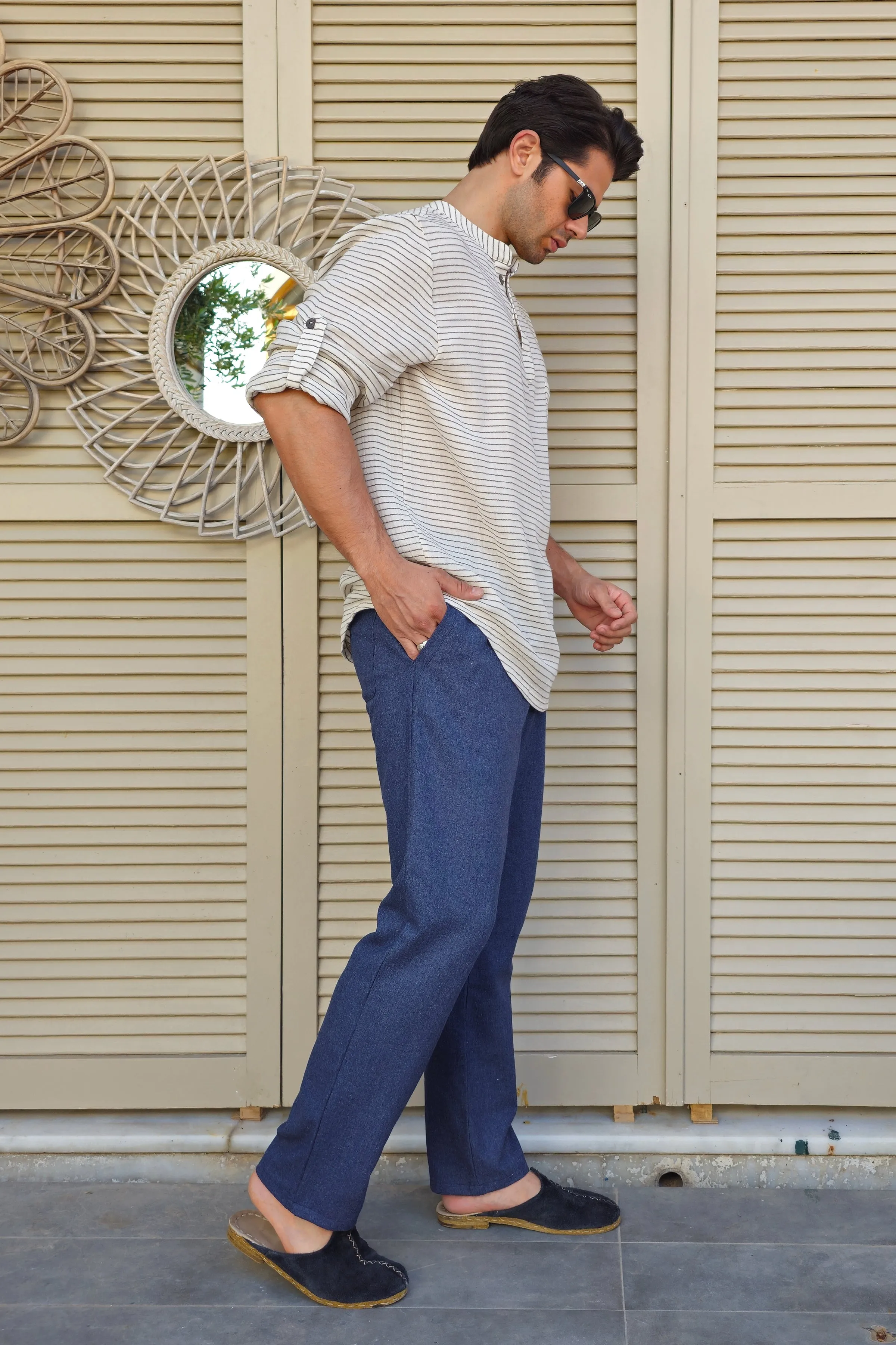 ZEUS STRIPES Organic Double Gauze Shirt (Light Cream)