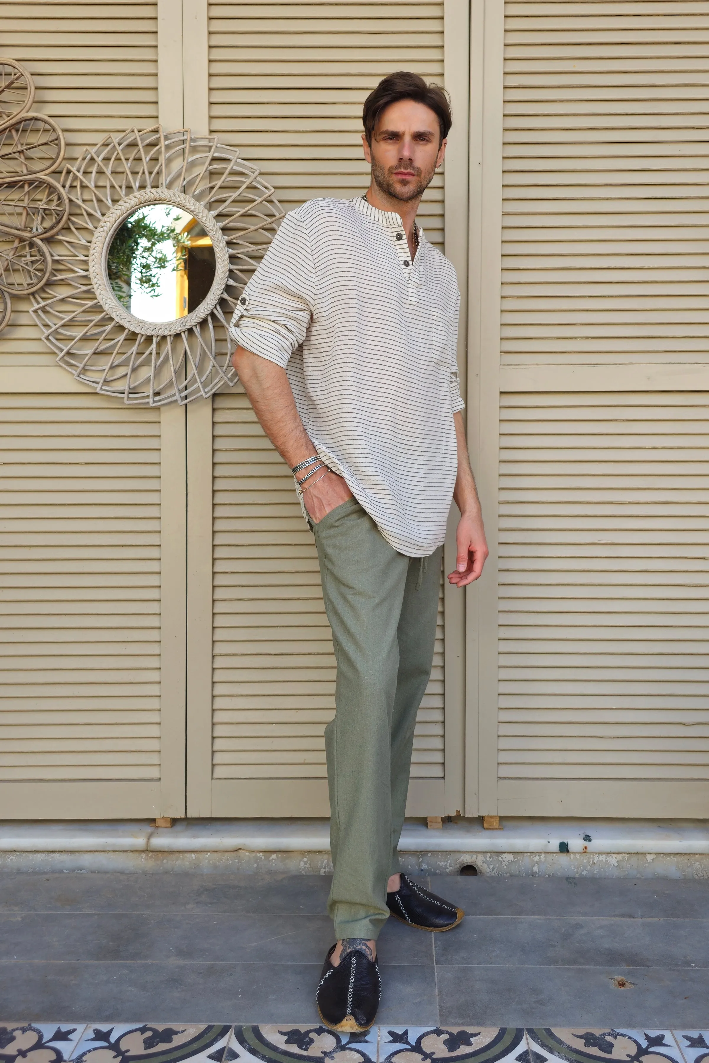 ZEUS STRIPES Organic Double Gauze Shirt (Light Cream)