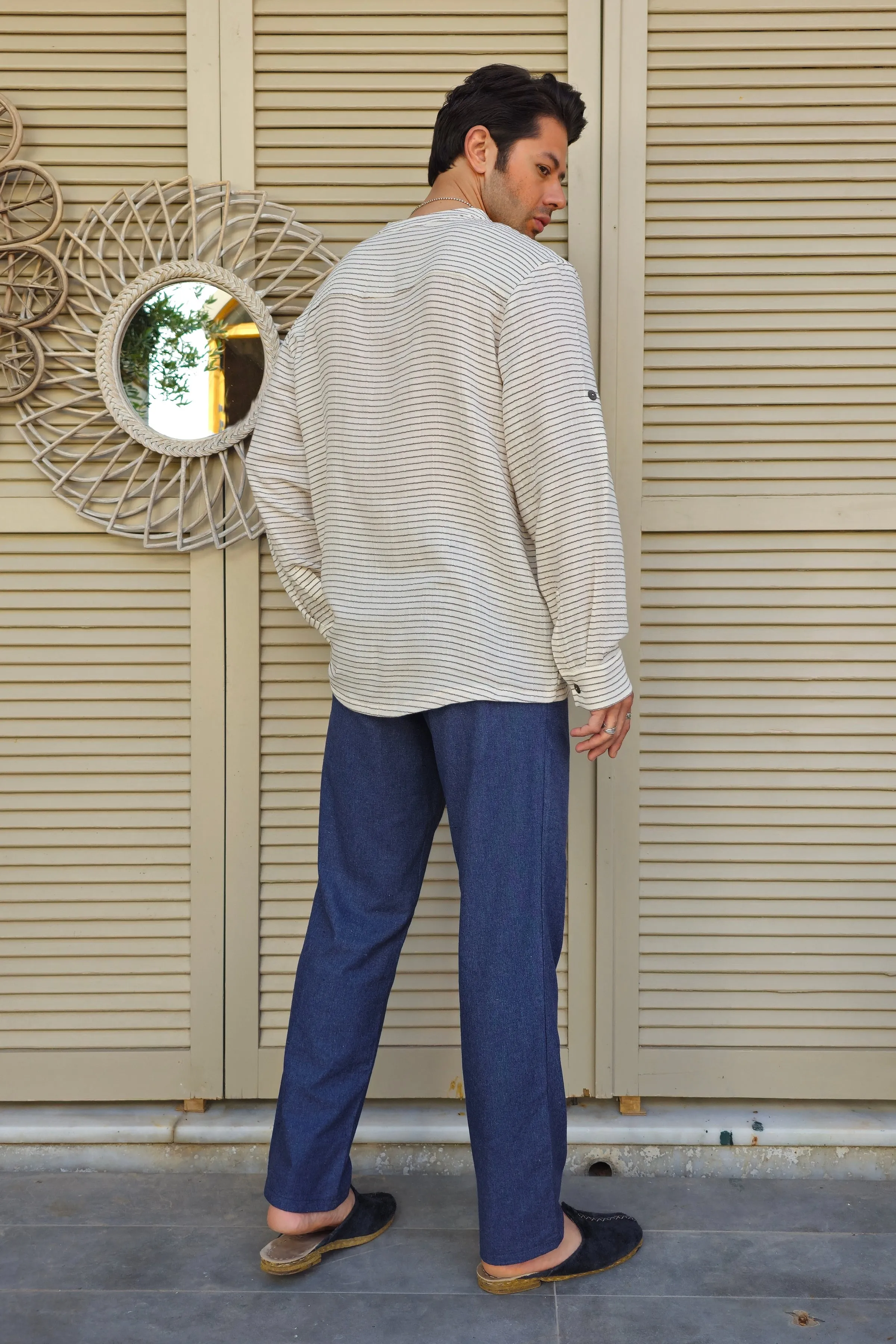 ZEUS STRIPES Organic Double Gauze Shirt (Light Cream)