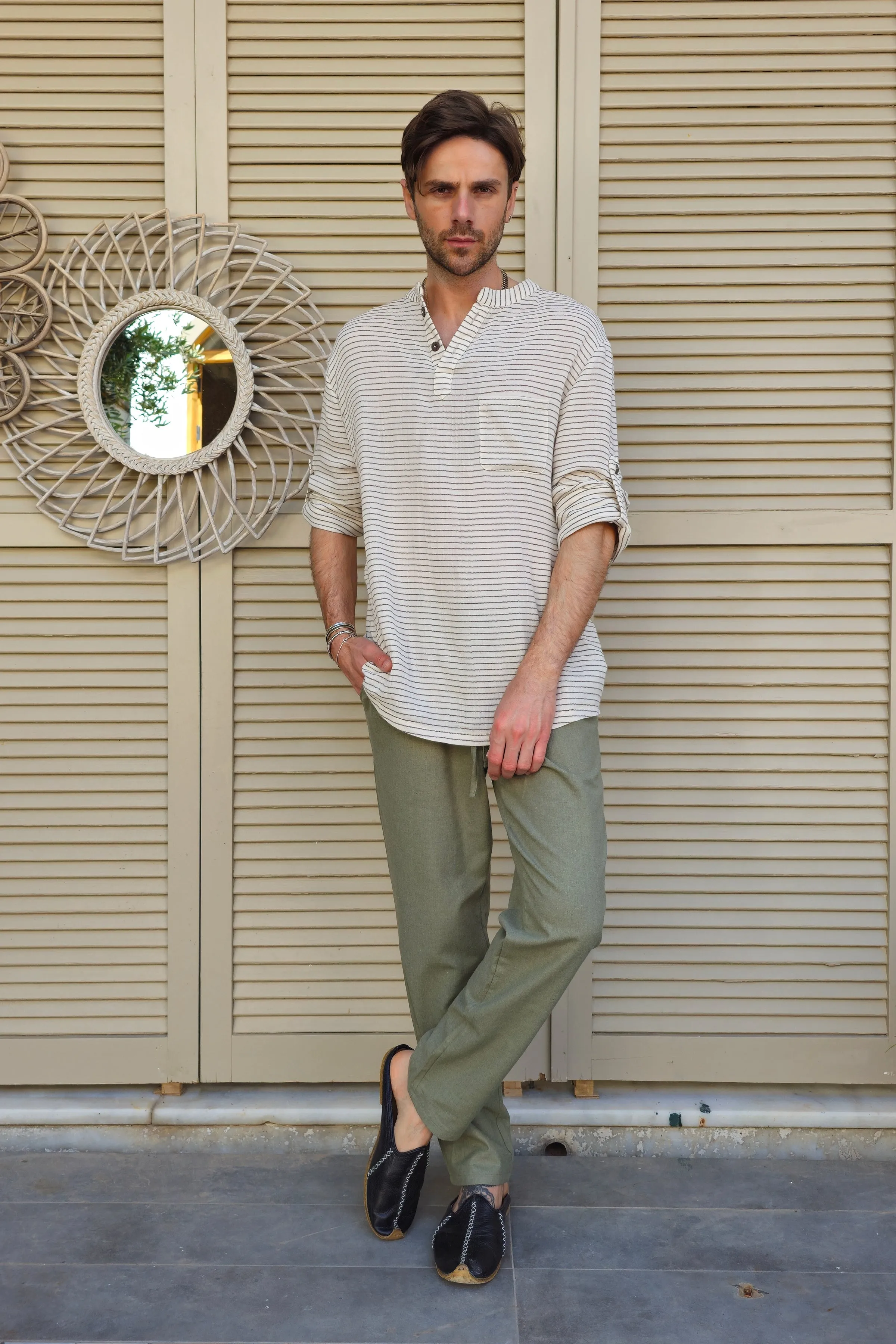 ZEUS STRIPES Organic Double Gauze Shirt (Light Cream)